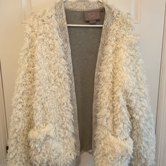 Vanessa Virginia anthropology white gray shaggy open style sweater jacket M L - Picture 2 of 16